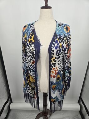 River Island Tiger Graphic Navy Fringe Open-Front Wrap Medium (6758)